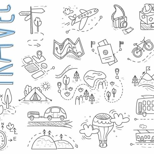 Travel, camping icons in Doodle cover image.