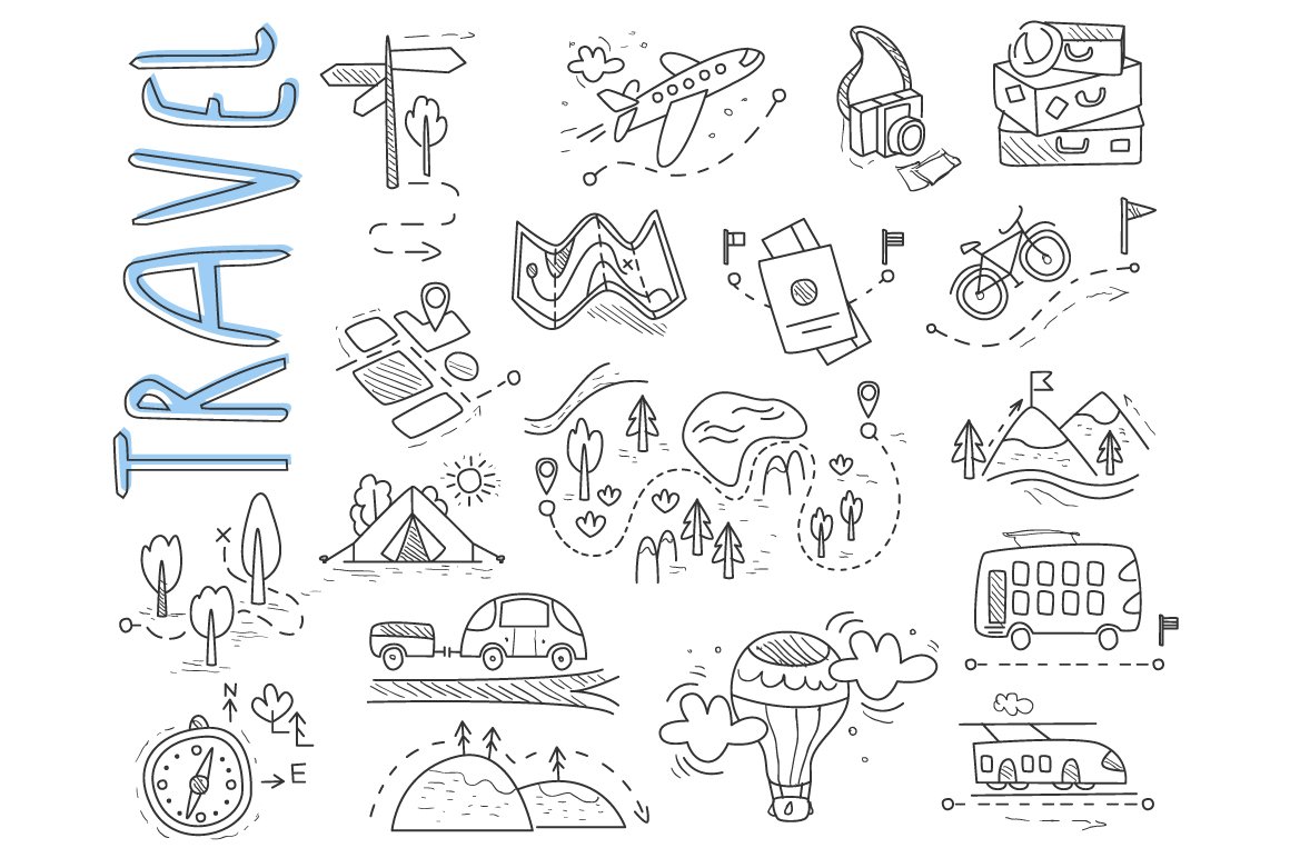 Travel, camping icons in Doodle cover image.