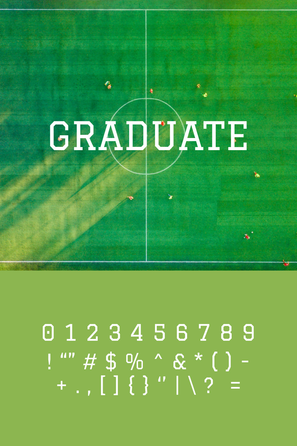 An example of a font in white on a green football field.