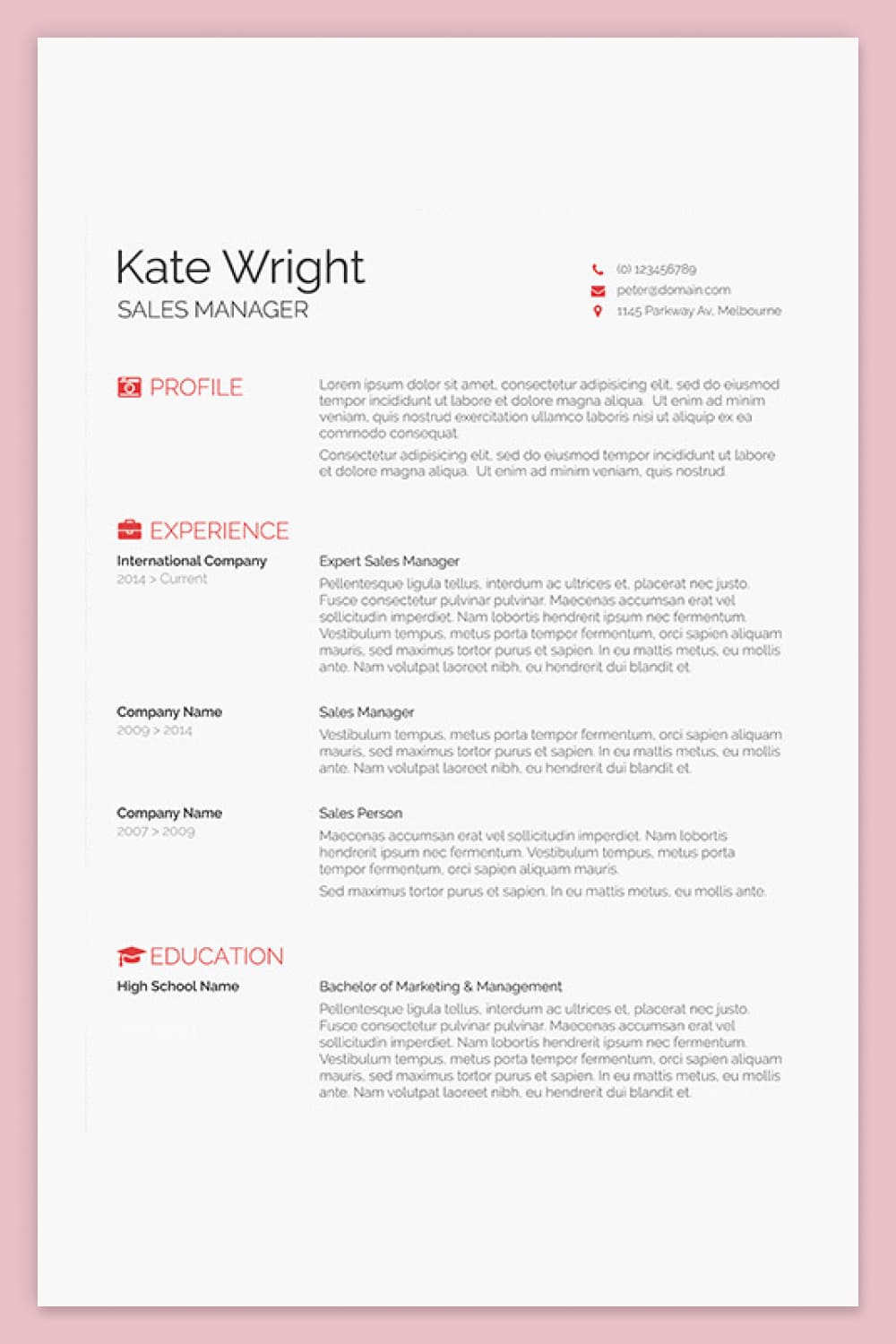 Resume with two columns, with pink and black outline and icons.