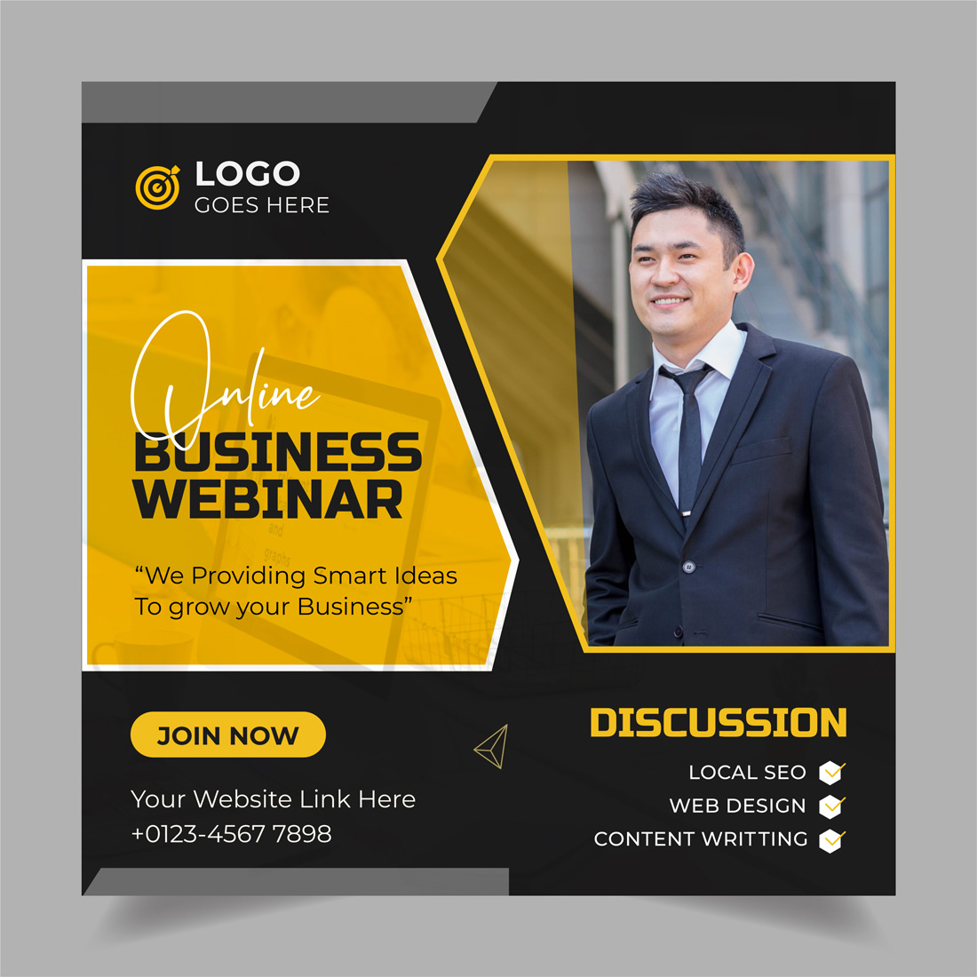 Black and yellow business flyer with a picture of a man.