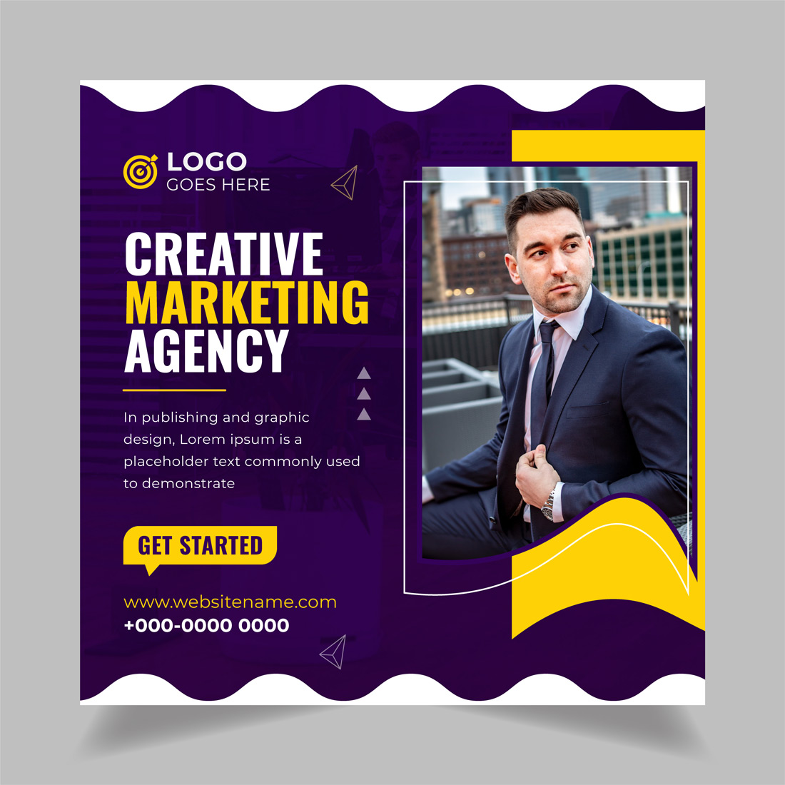 Purple and yellow business flyer with a man in a suit.