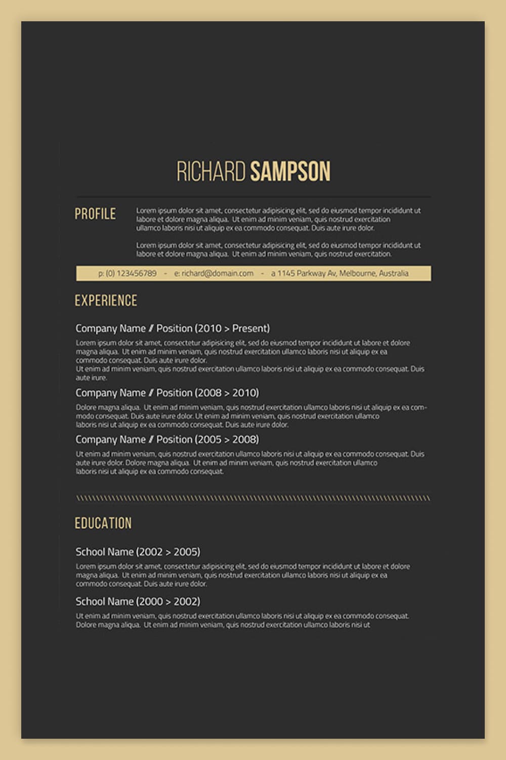 Resume with yellow and white text on black background.
