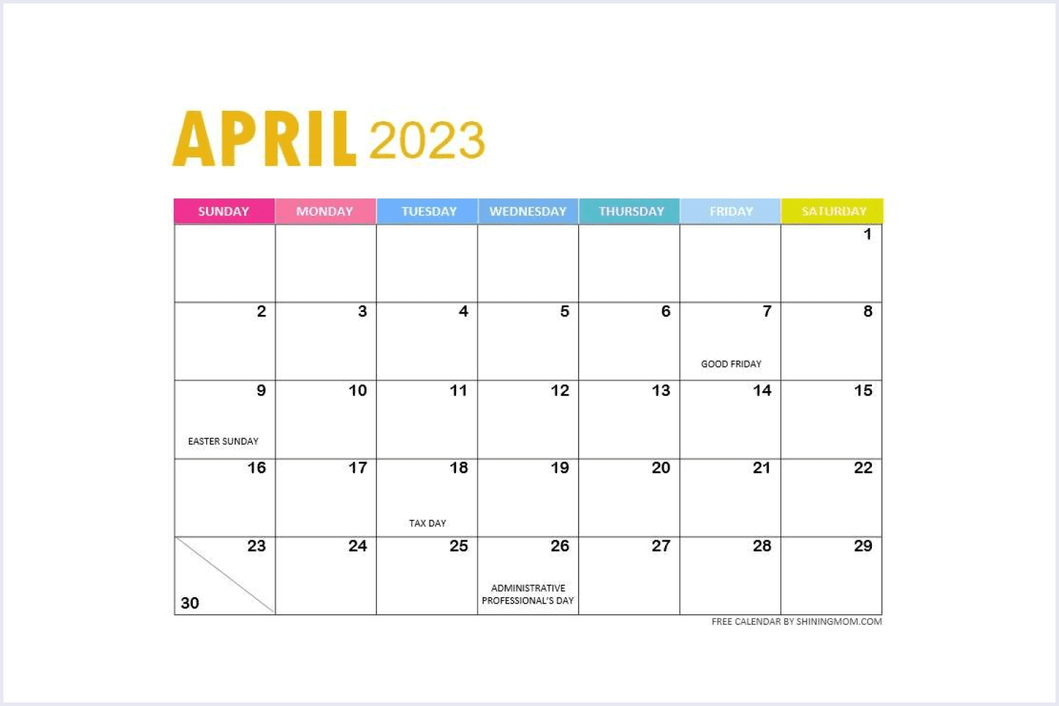 Calendar for April 2023 in a minimalist style with multi -colored headlines.