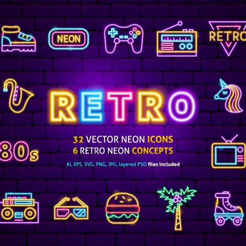 Retro Neon Vector Icons Set cover image.