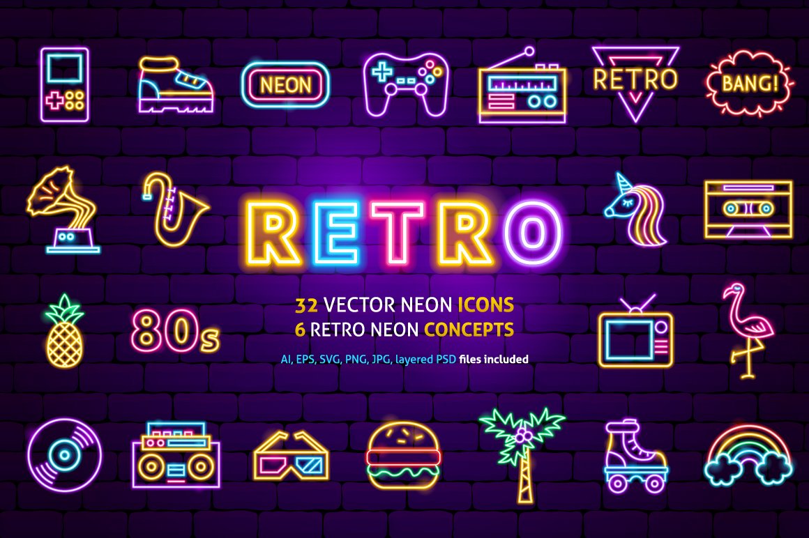 Retro Neon Vector Icons Set cover image.