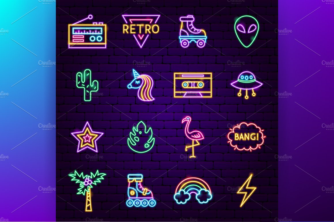 Retro Neon Vector Icons Set preview image.