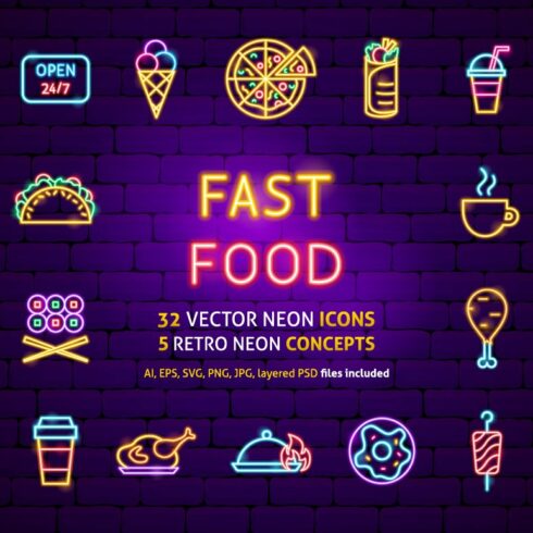 Fast Food Neon Vector Icons cover image.