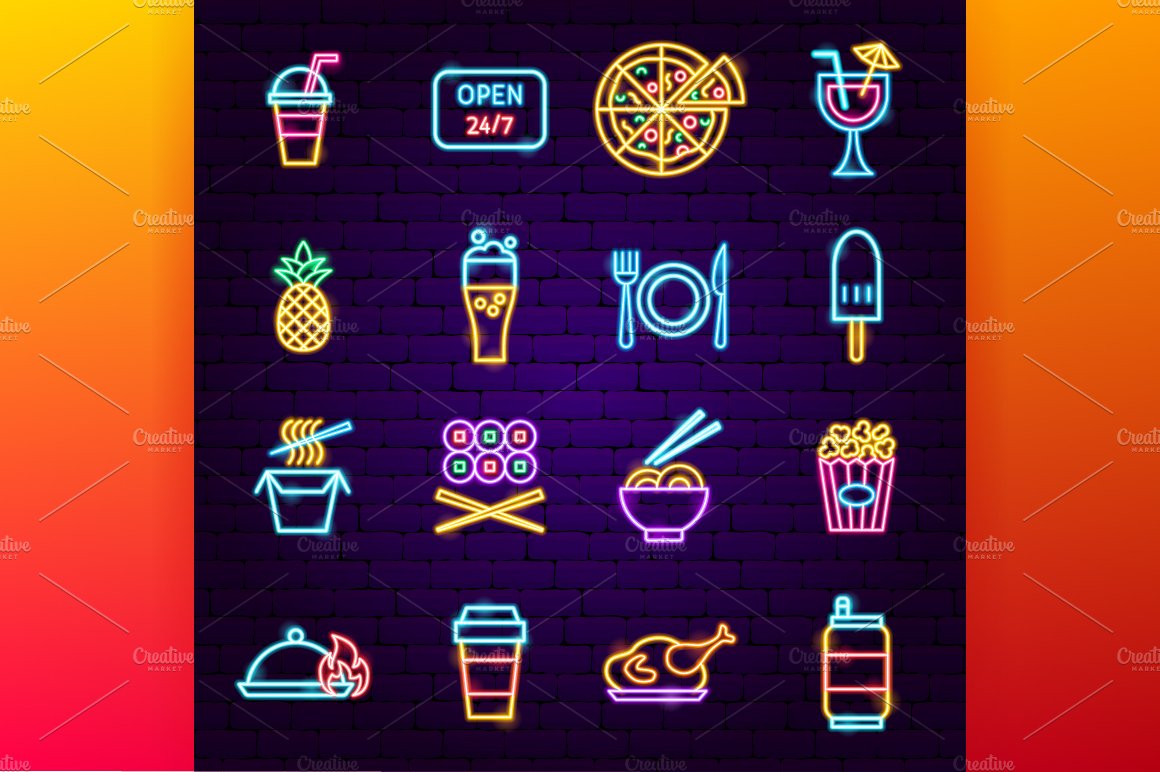 Fast Food Neon Vector Icons preview image.