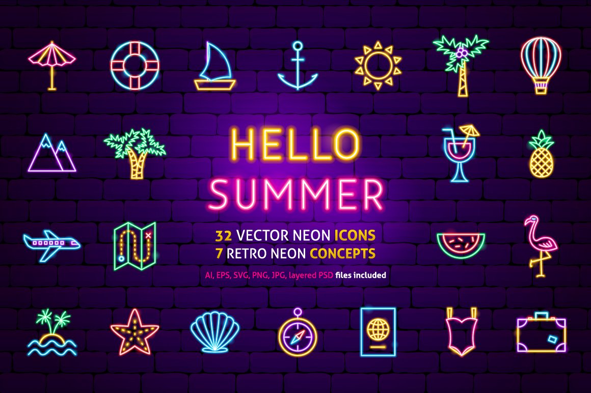 Summer Travel Neon Vector Icons cover image.