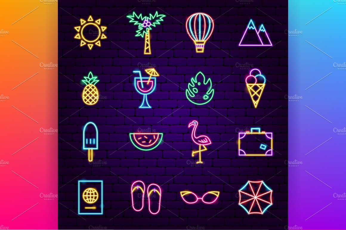 Summer Travel Neon Vector Icons preview image.