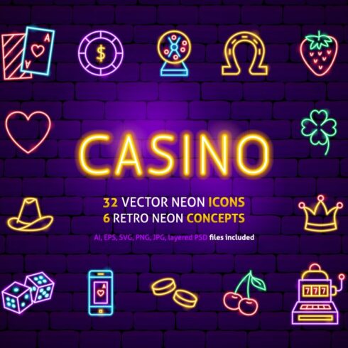 Casino Neon Vector Icons Set cover image.