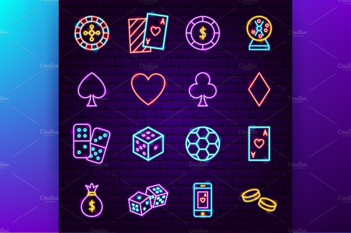 Casino Neon Vector Icons Set preview image.