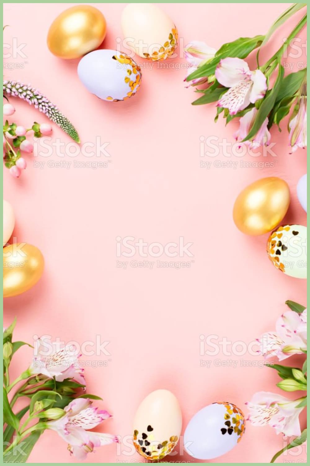Festive Happy Easter background with decorated eggs, flowers, candy and ribbons in pastel colors on pink.
