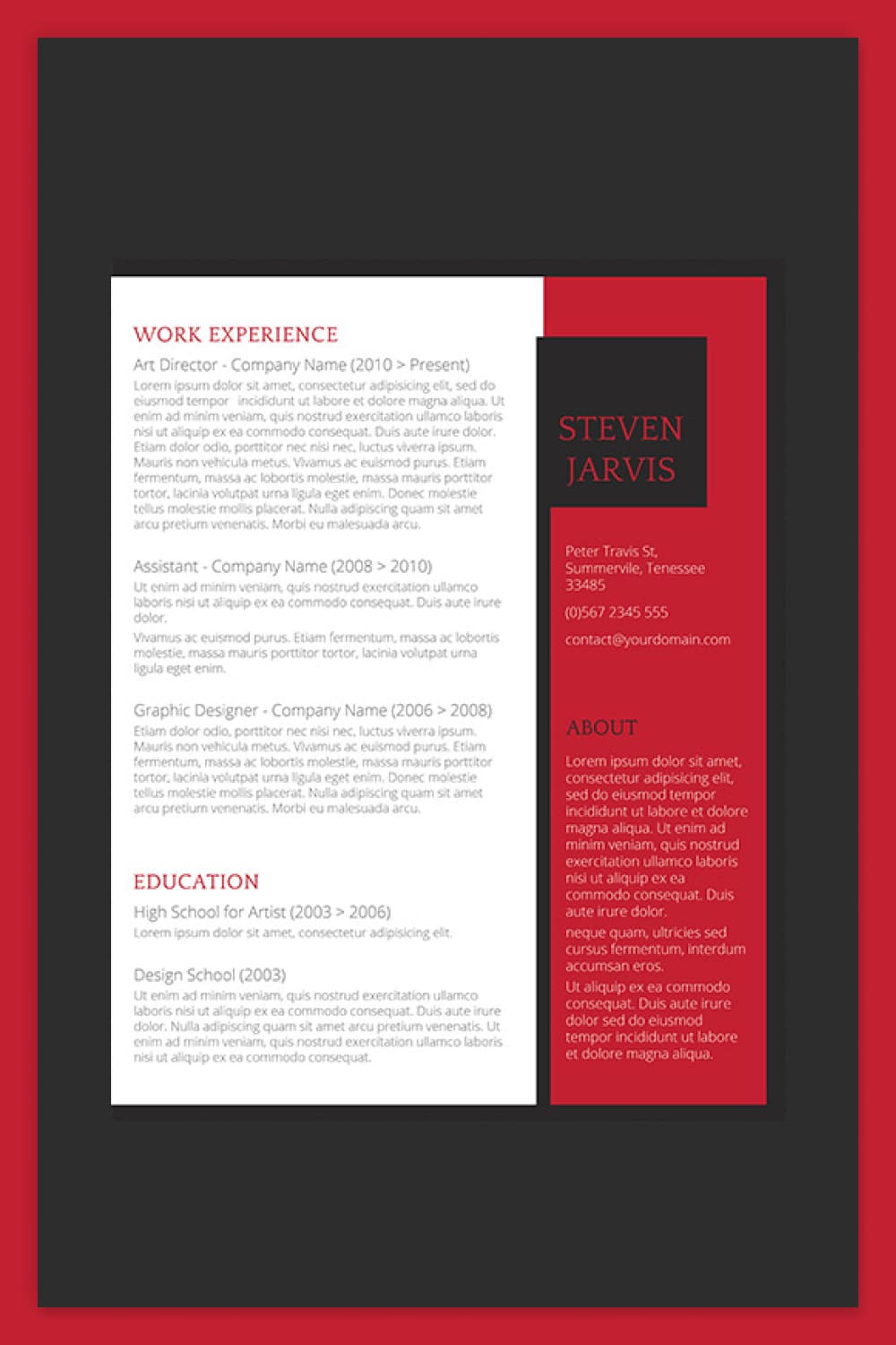 Resume with white text with red and black insert.