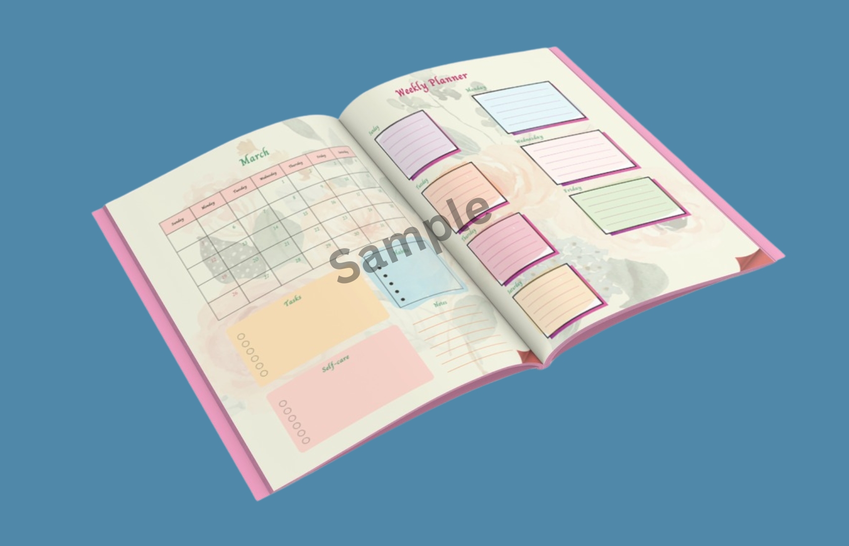 Open planner book on a blue background.