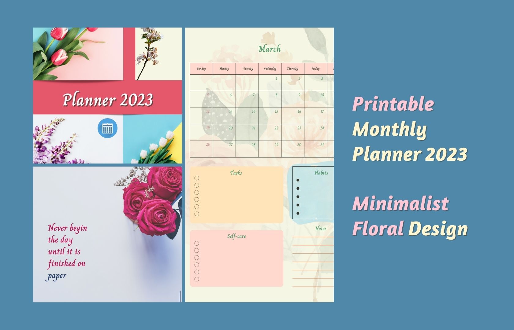 Planner with flowers and a blue background.