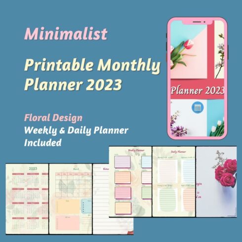 Printable Monthly Planner 2023 - Minimalist Floral Design cover image.
