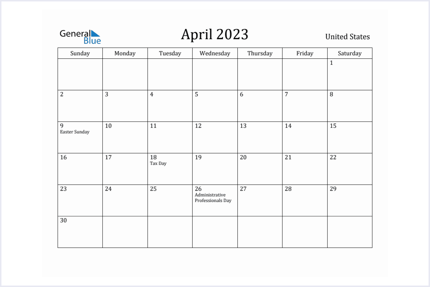 Calendar for April 2023 in a minimalist style with a logo General Blue.