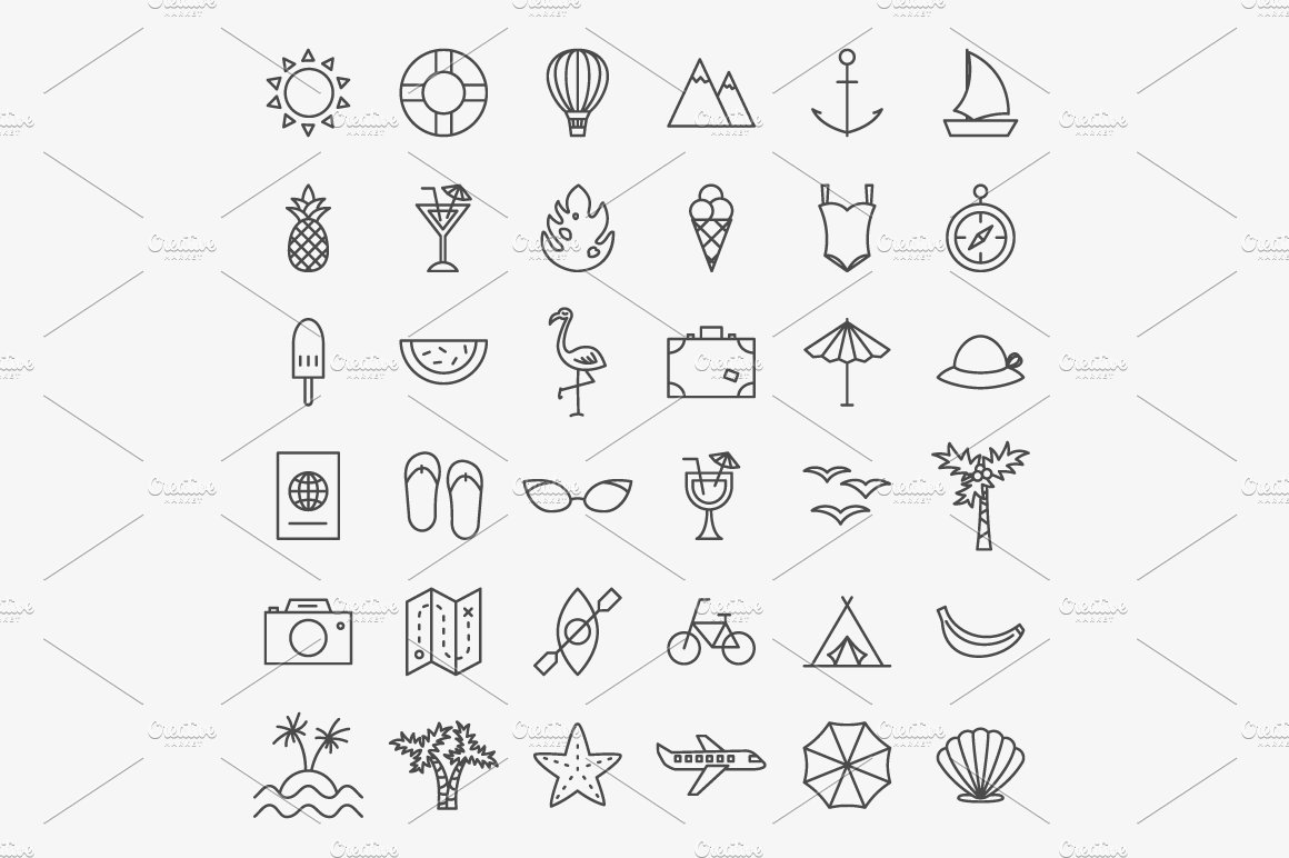 Summer Travel Line Art Vector Icons preview image.