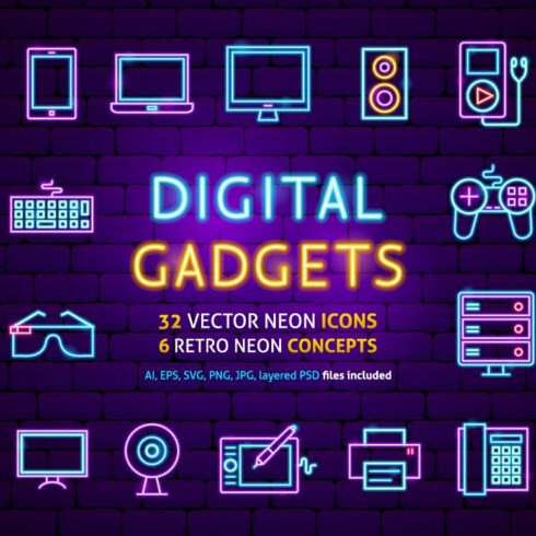 Gadgets Technology Neon Icons Set cover image.