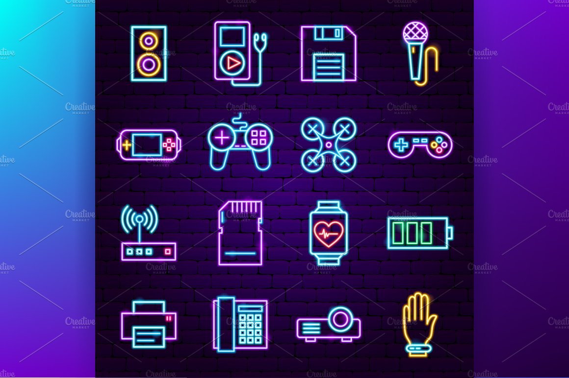 Gadgets Technology Neon Icons Set preview image.
