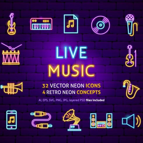 Music Neon Vector Icons Set cover image.