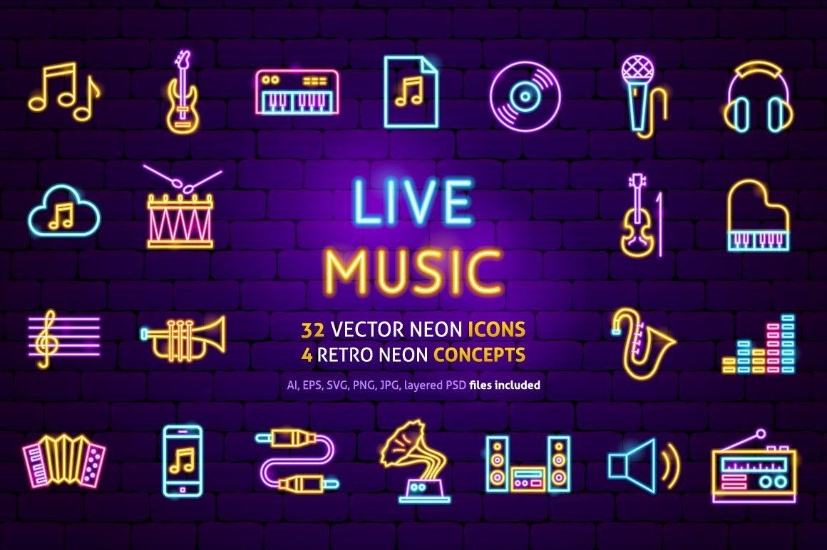 Music Neon Vector Icons Set cover image.