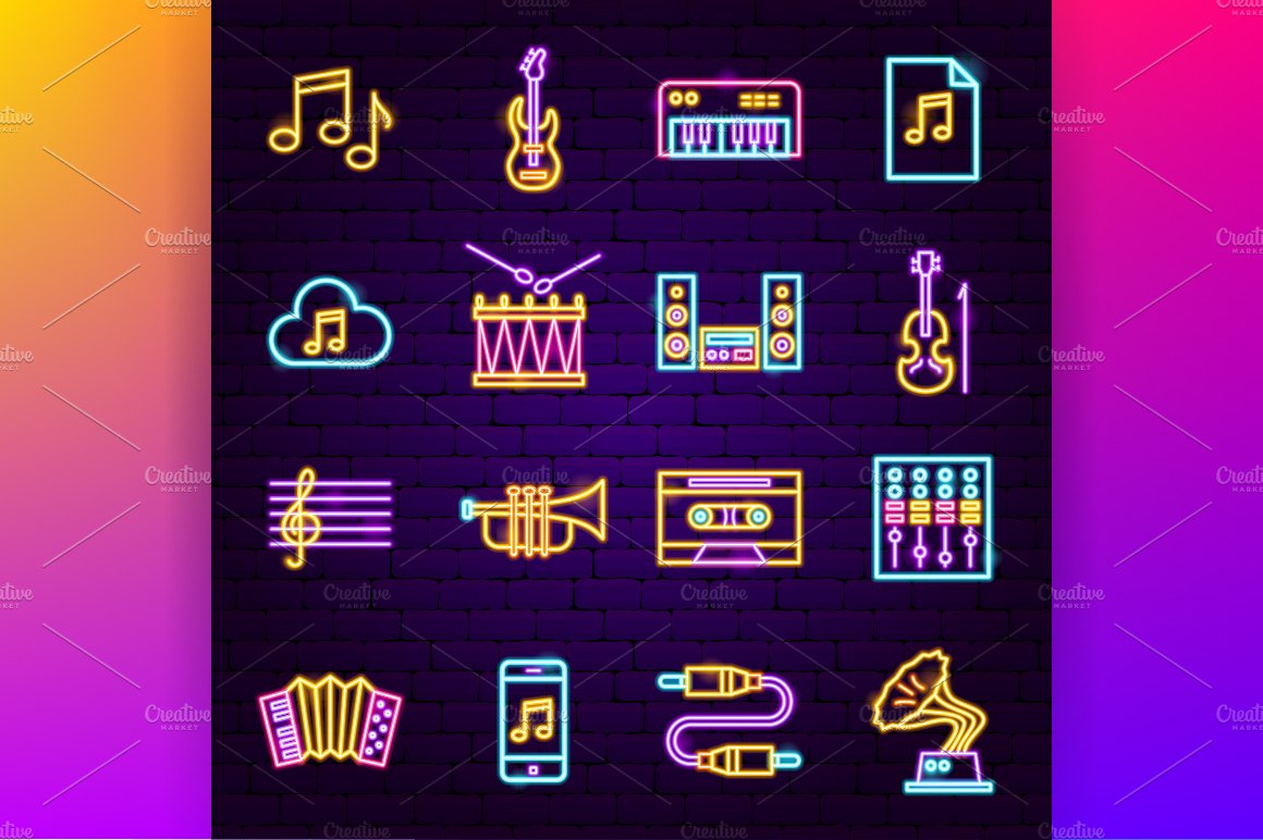 Music Neon Vector Icons Set preview image.