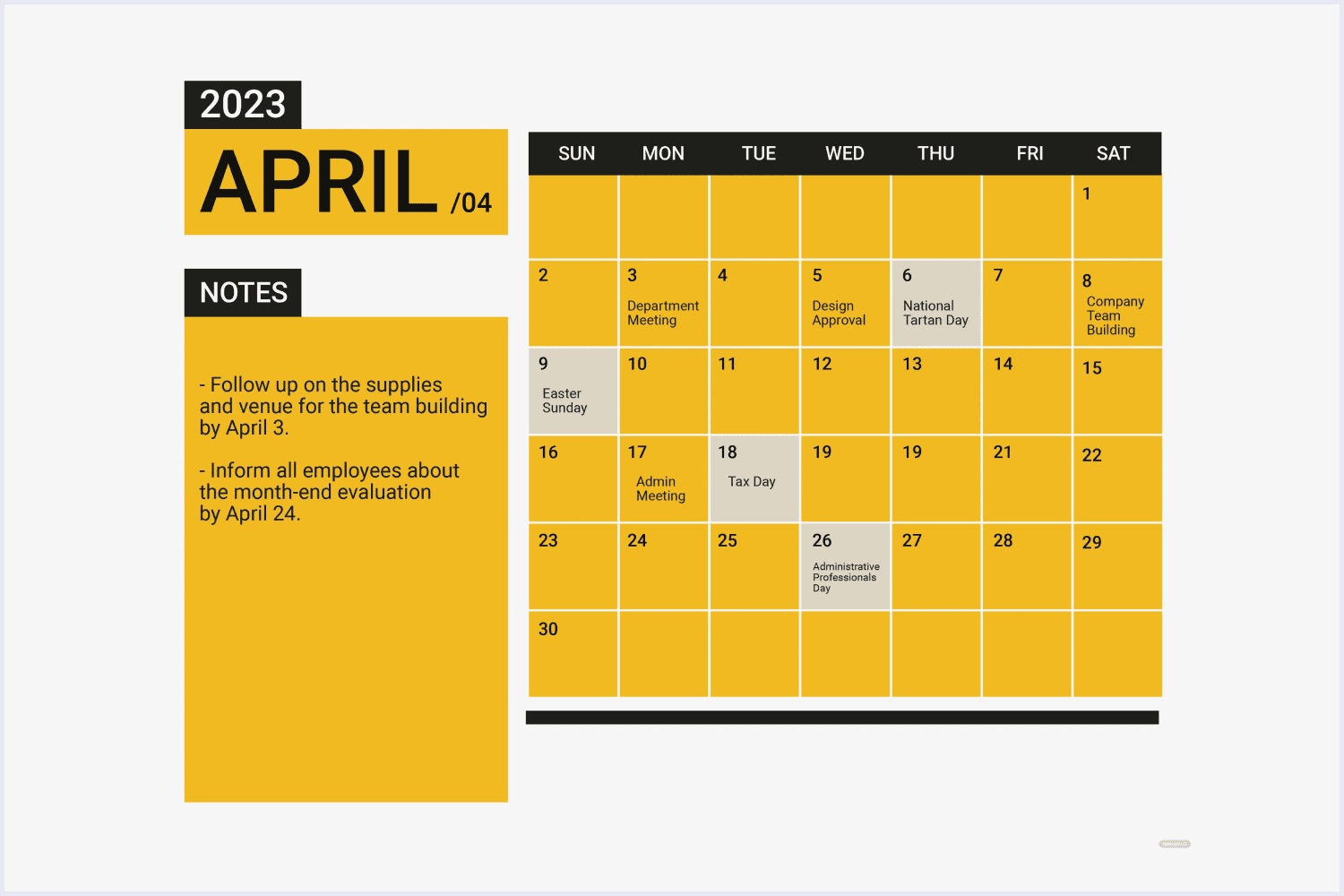 Calendar for April 2023 with a yellow background and a place for notes.