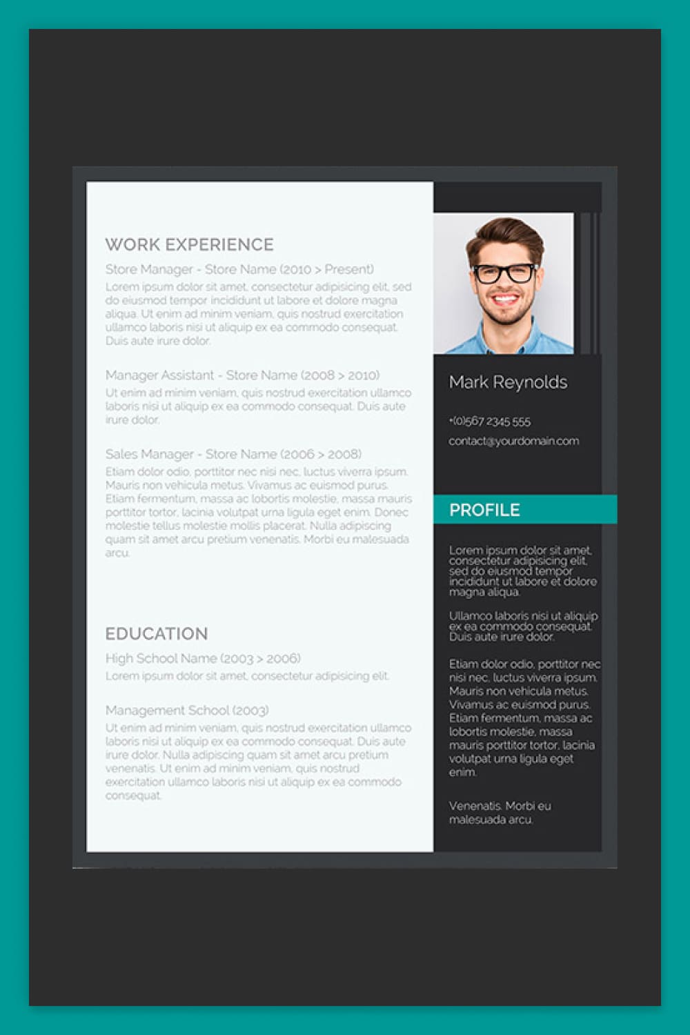 Resume with white and black column, photo and green accent.