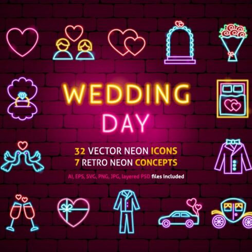 Wedding Save the Date Neon Icons cover image.