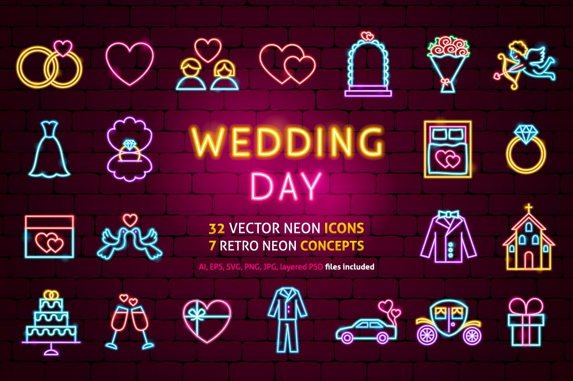 Wedding Save the Date Neon Icons cover image.