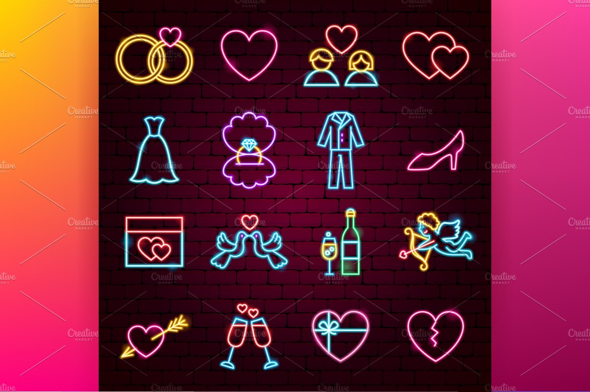 Wedding Save the Date Neon Icons preview image.