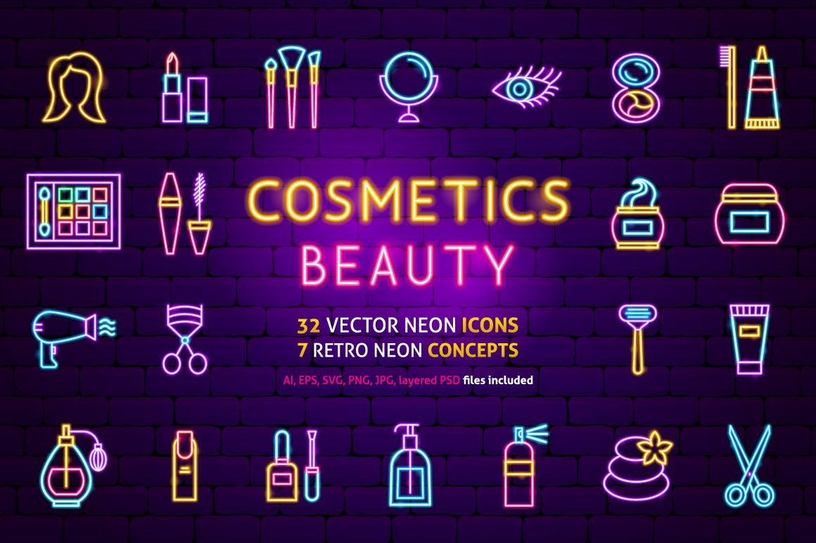 Beauty Cosmetics Vector Neon Icons cover image.