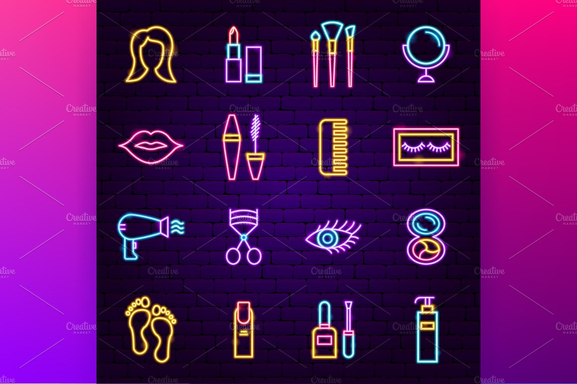 Beauty Cosmetics Vector Neon Icons preview image.