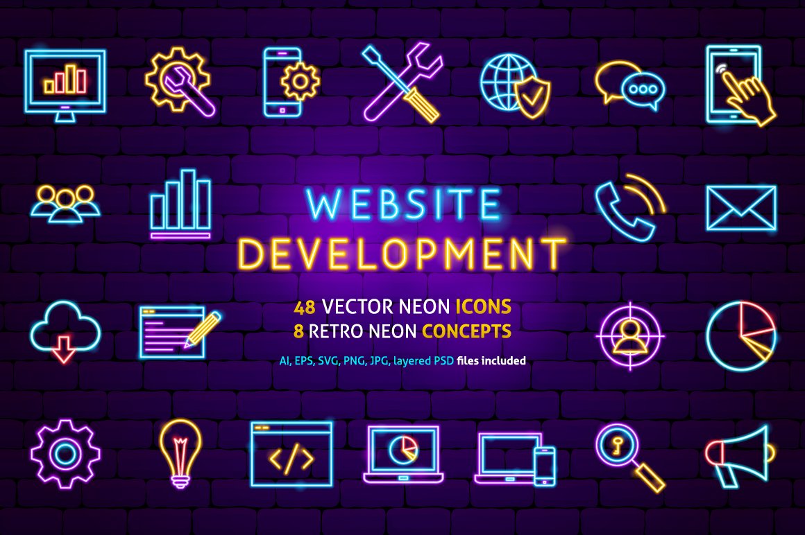 Web Development SEO Neon Icons Set cover image.