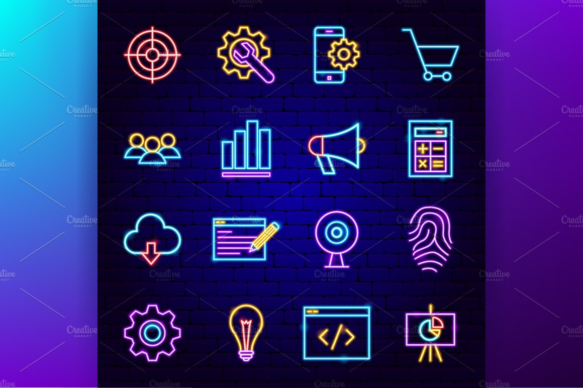 Web Development SEO Neon Icons Set preview image.