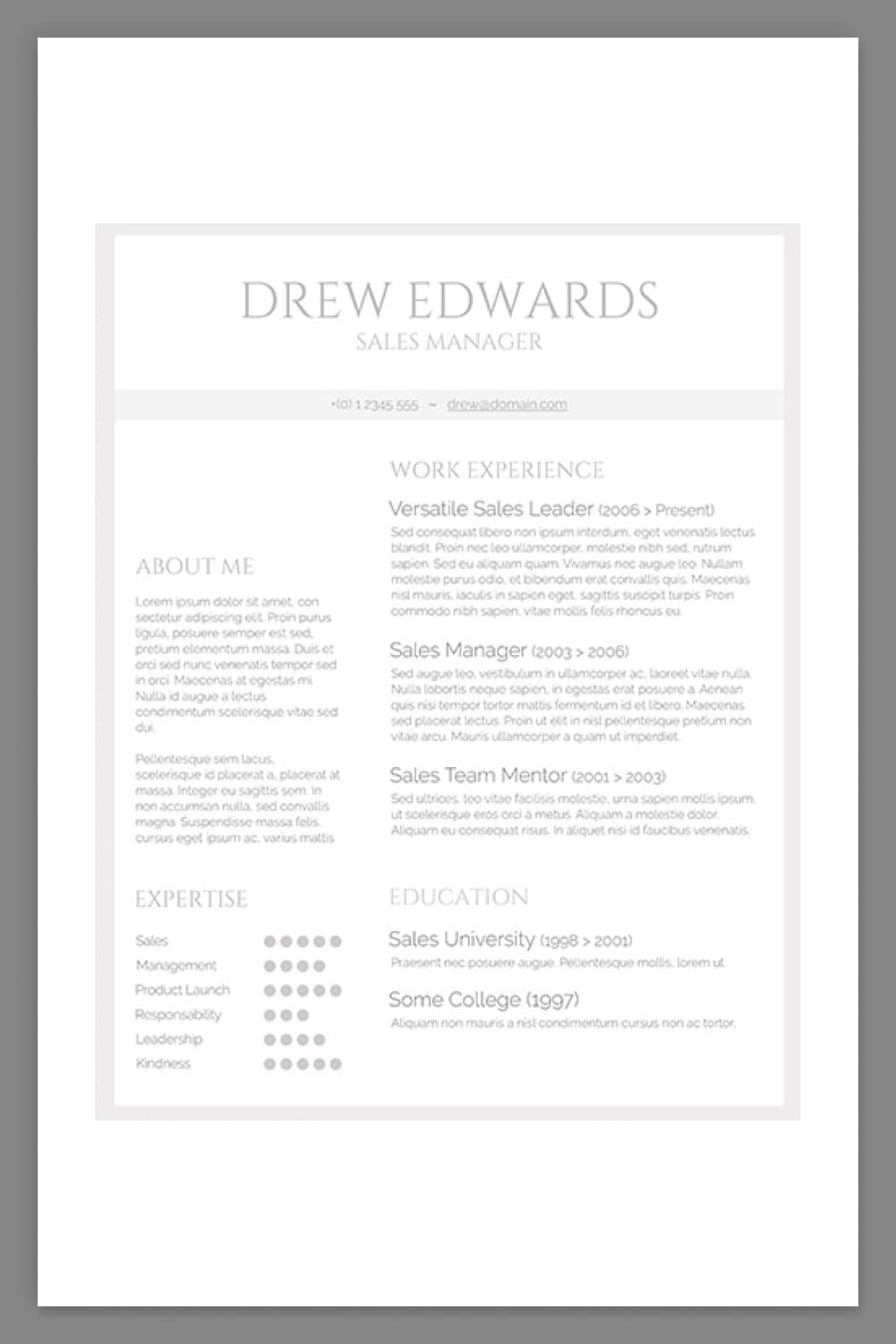 Resume with white background and light gray text.