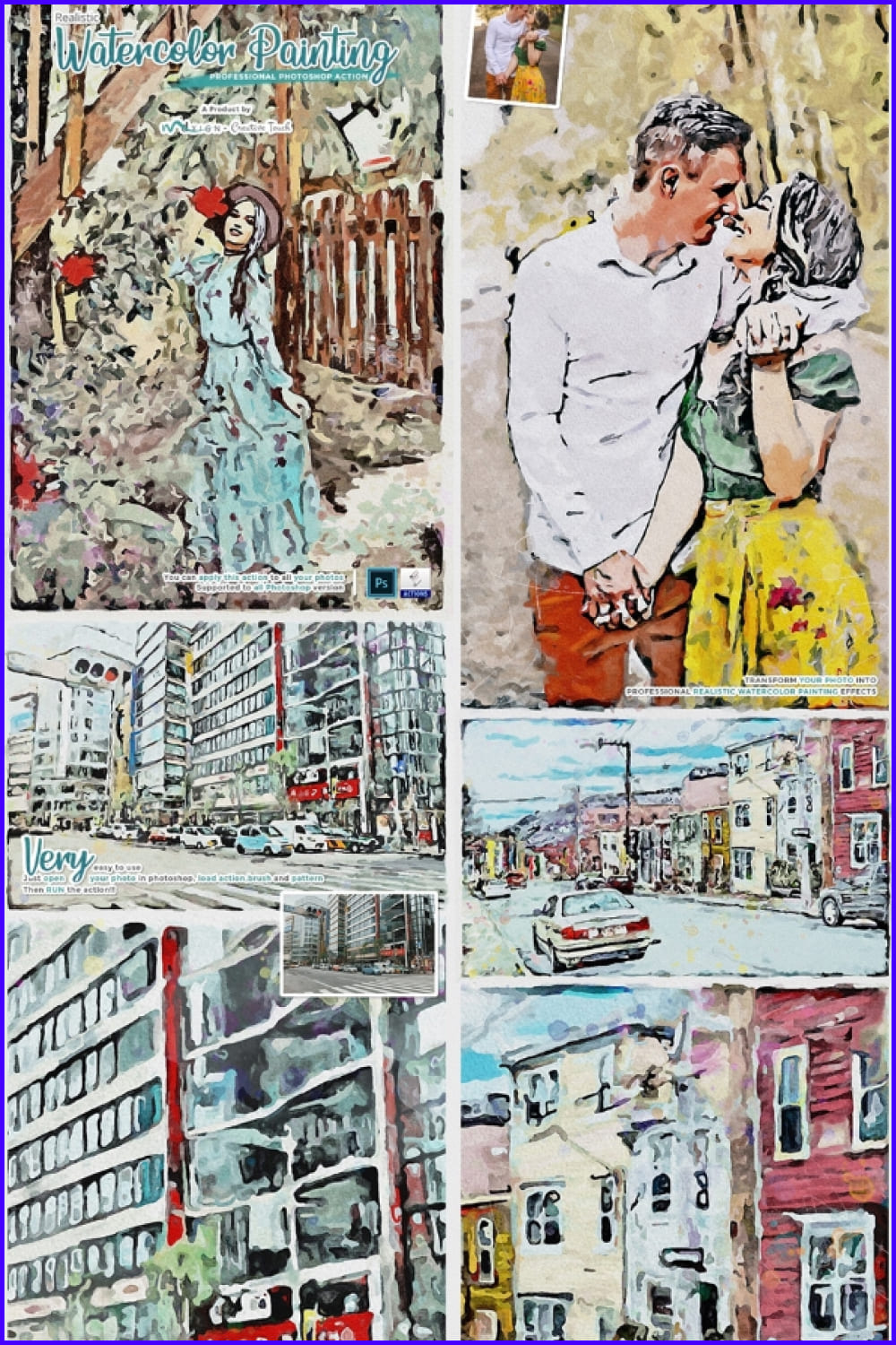 Collage of photos of a girl, a couple, city streets with a blurred effect.