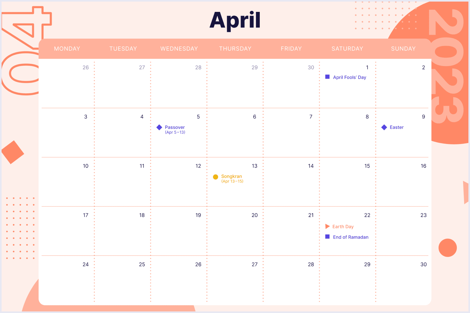 Calendar for April 2023 with a white background and a mark of holidays.