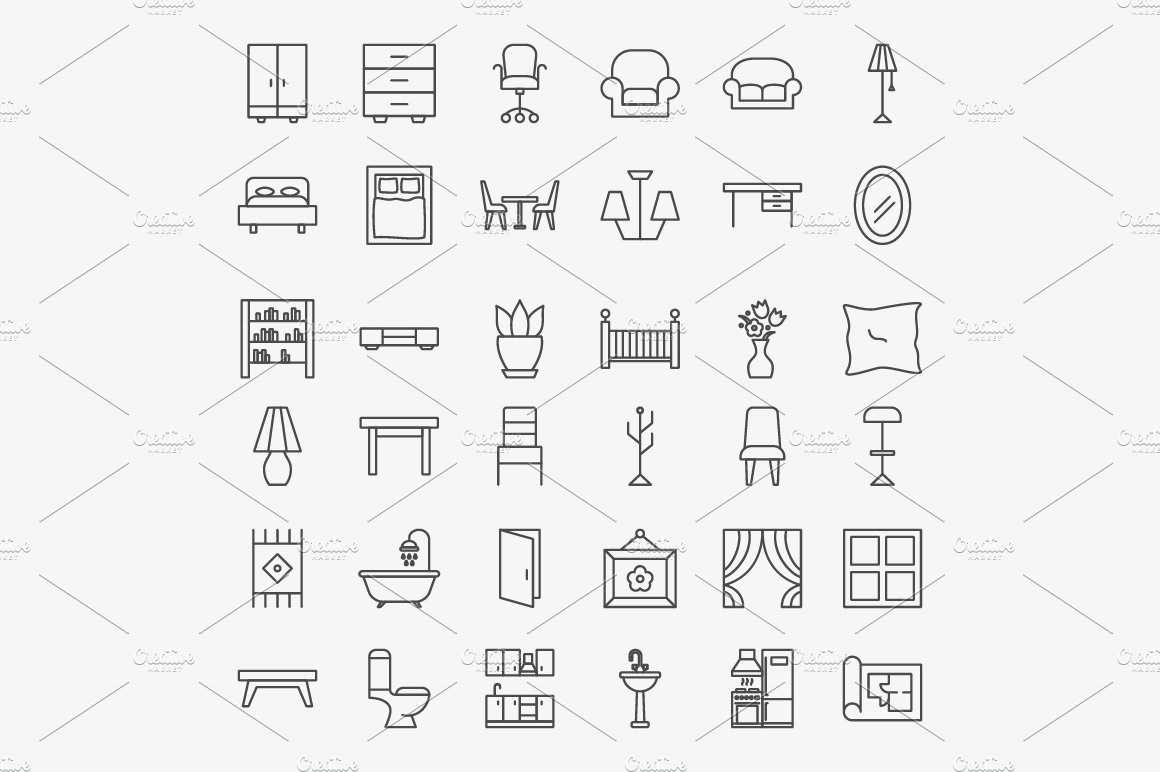 Furniture Line Art Vector Icons Set preview image.