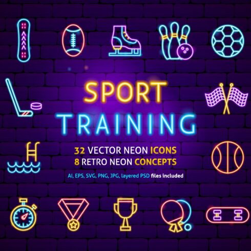 Sport Training Vector Neon Icons Set cover image.