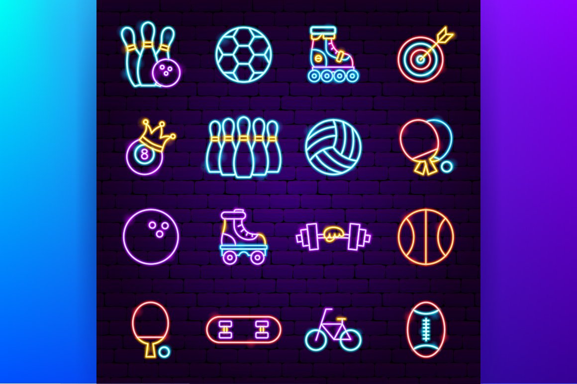 Sport Training Vector Neon Icons Set preview image.