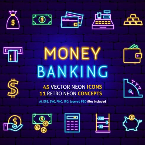 Money Banking Finance Neon Icons Set cover image.