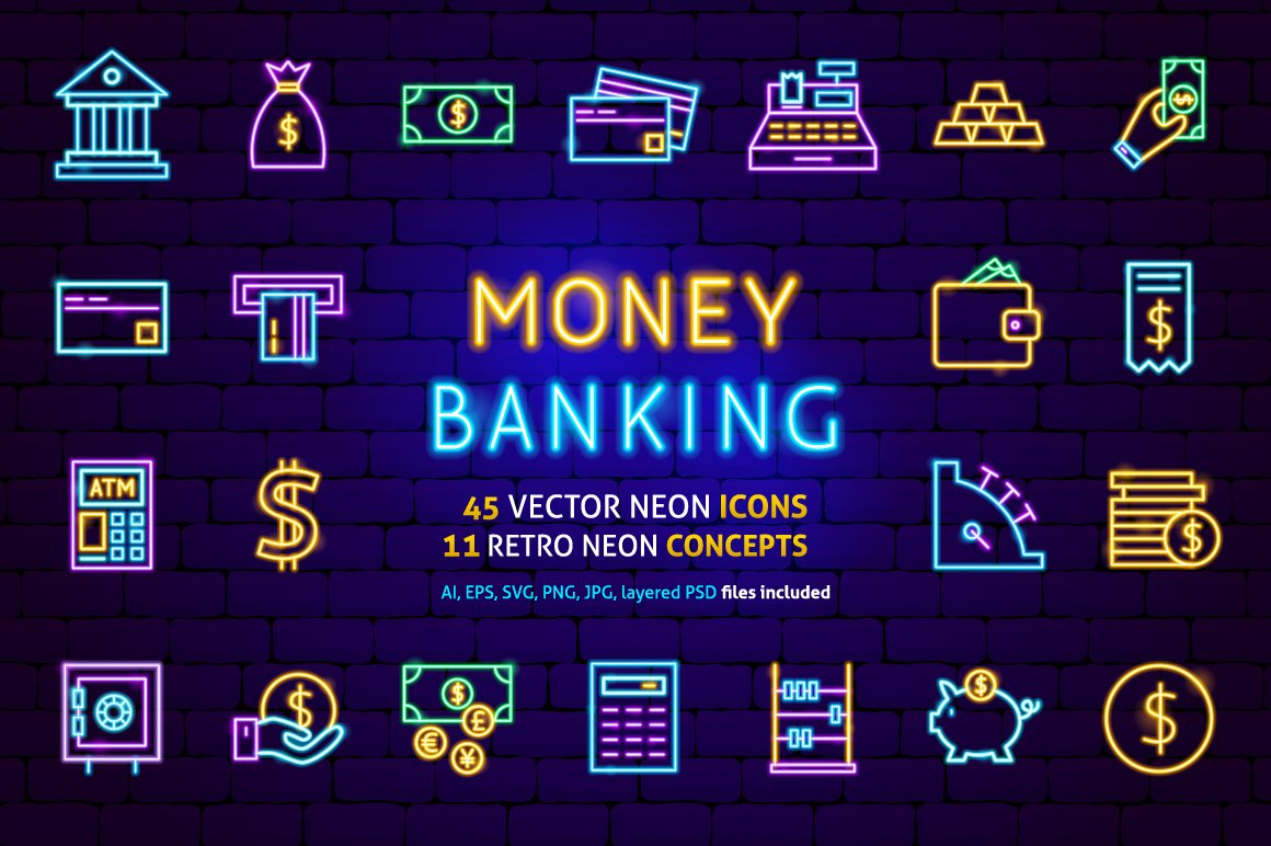 Money Banking Finance Neon Icons Set cover image.