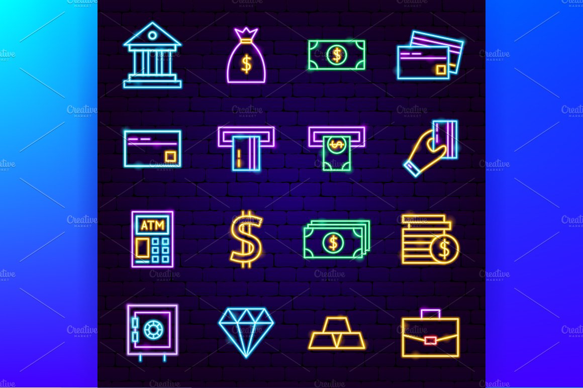 Money Banking Finance Neon Icons Set preview image.