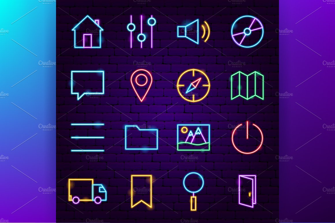 Web UI UX Neon Vector Icons Set preview image.