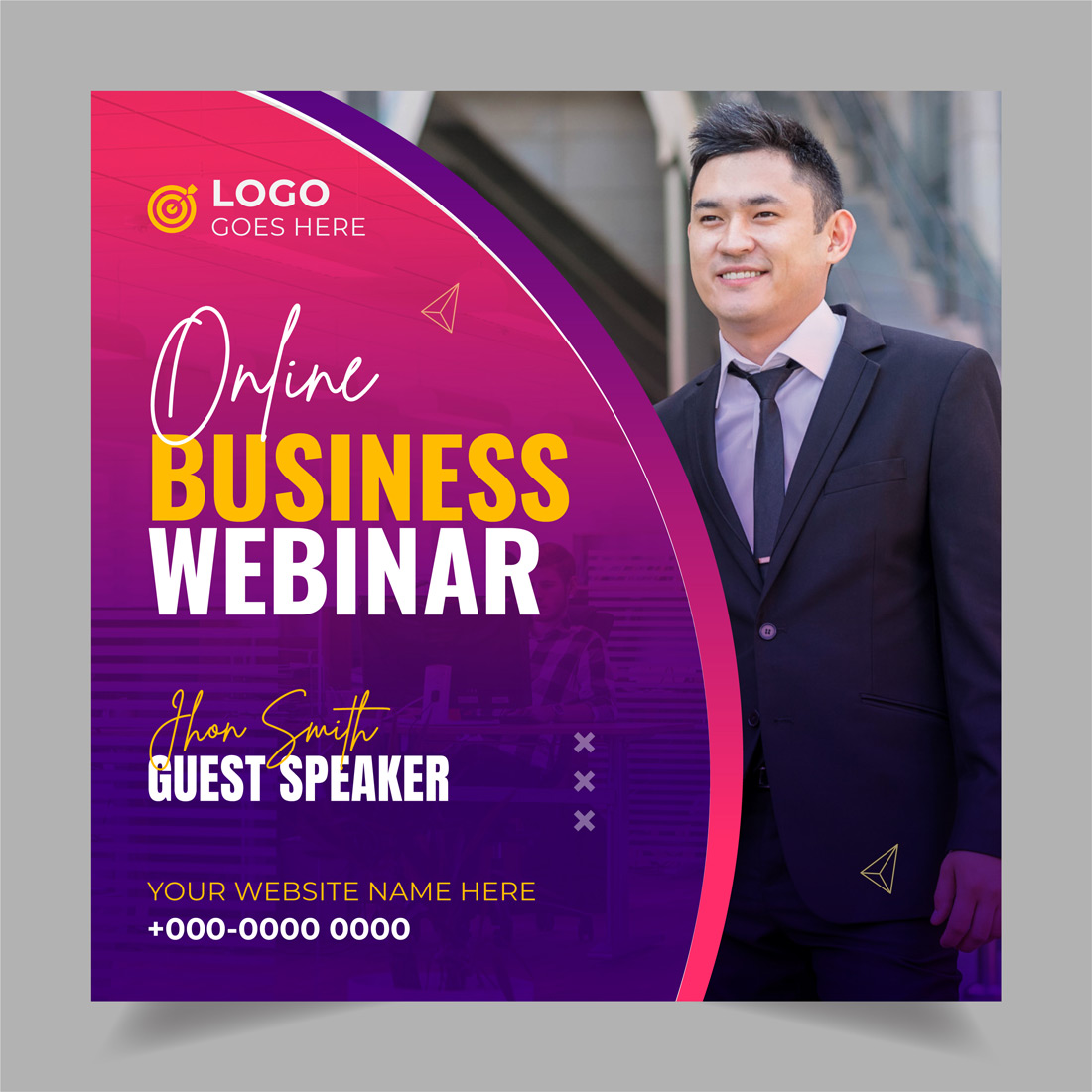 Man in a suit standing in front of a business webinar.