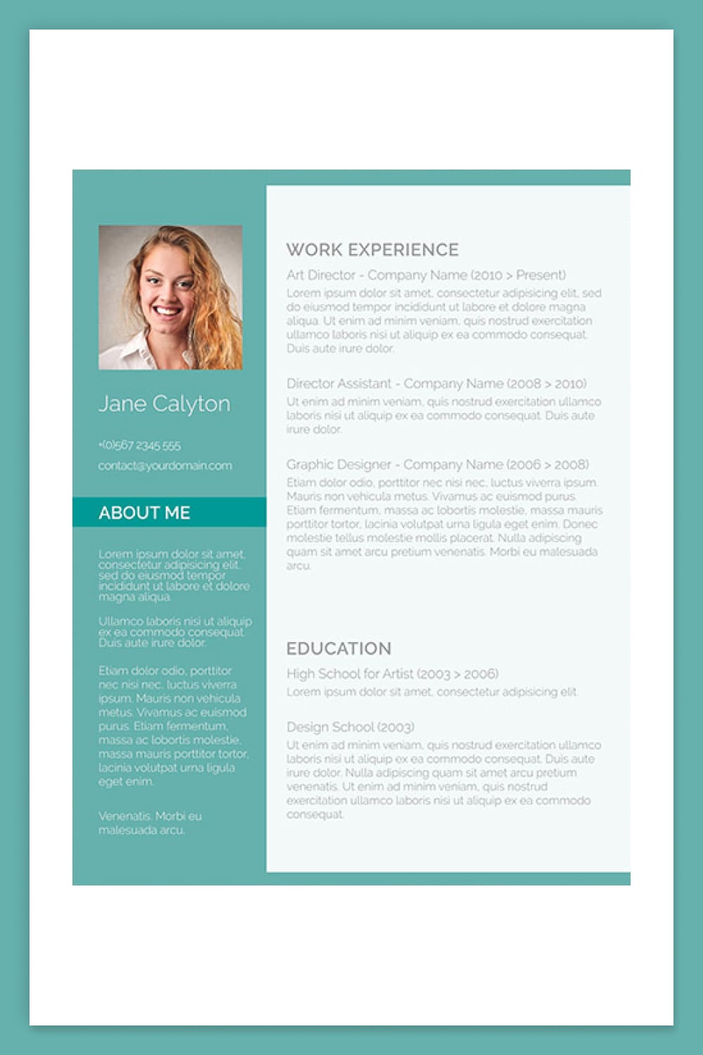 Resume with green and gray column and photo.